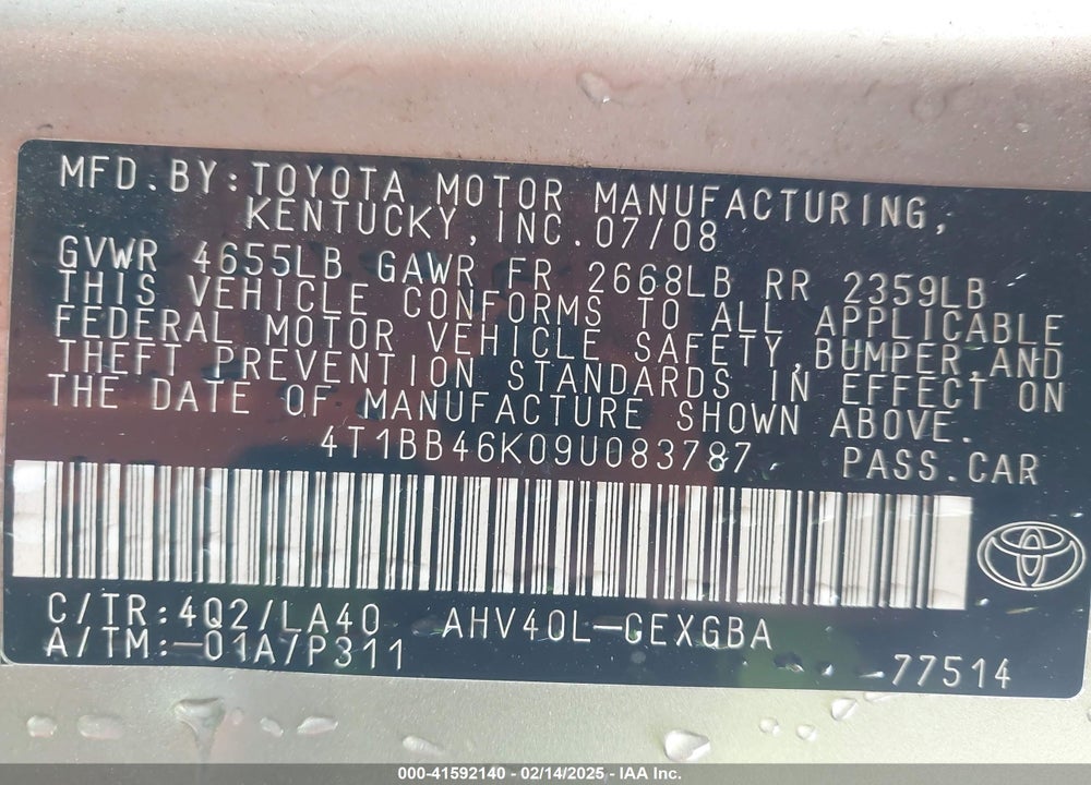2009 TOYOTA CAMRY HYBRID VIN: 4T1BB46K09U083787