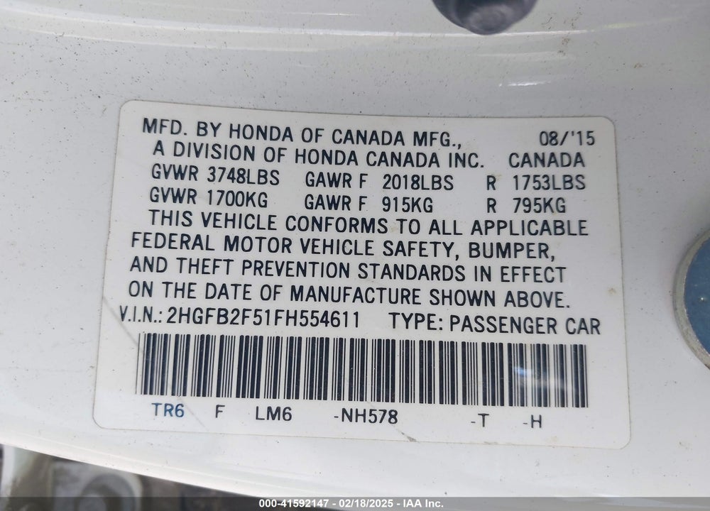 2015 HONDA CIVIC VIN: 2HGFB2F51FH554611