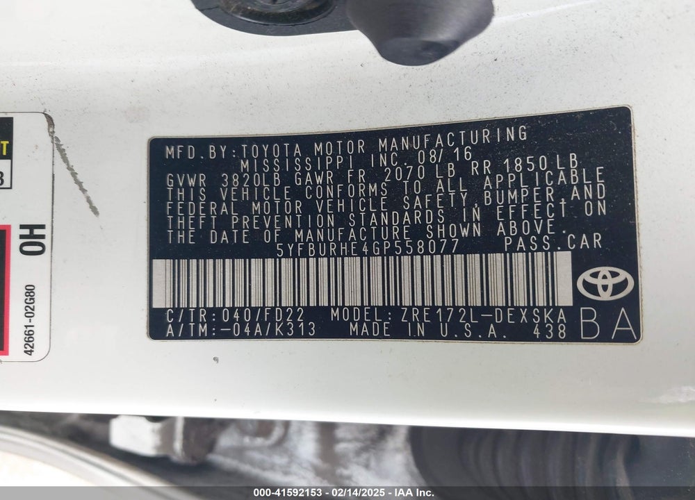 2016 TOYOTA COROLLA S PLUS VIN: 5YFBURHE4GP558077