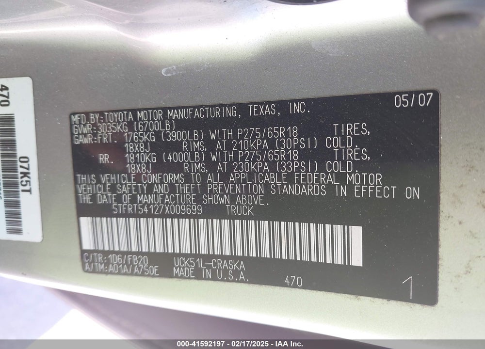 2007 TOYOTA TUNDRA SR5 4.7L V8 VIN: 5TFRT54127X009699