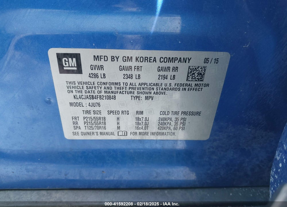 2015 BUICK ENCORE VIN: KL4CJASB4FB210848