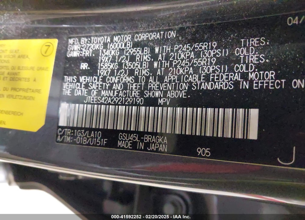 2009 TOYOTA HIGHLANDER LIMITED VIN: JTEES42A292129190