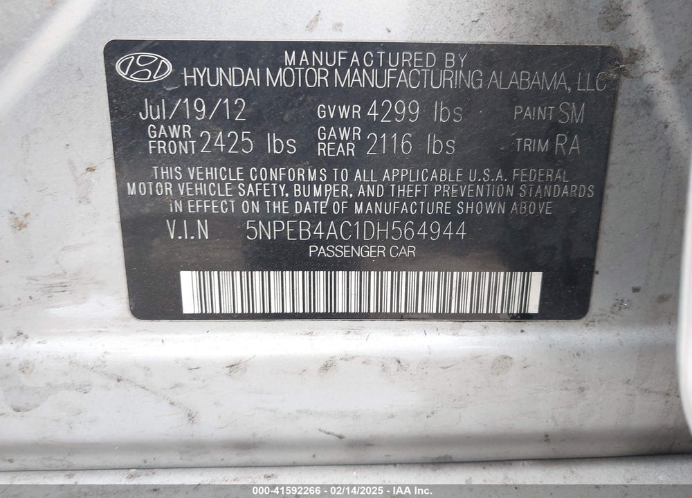 2013 HYUNDAI SONATA GLS VIN: 5NPEB4AC1DH564944