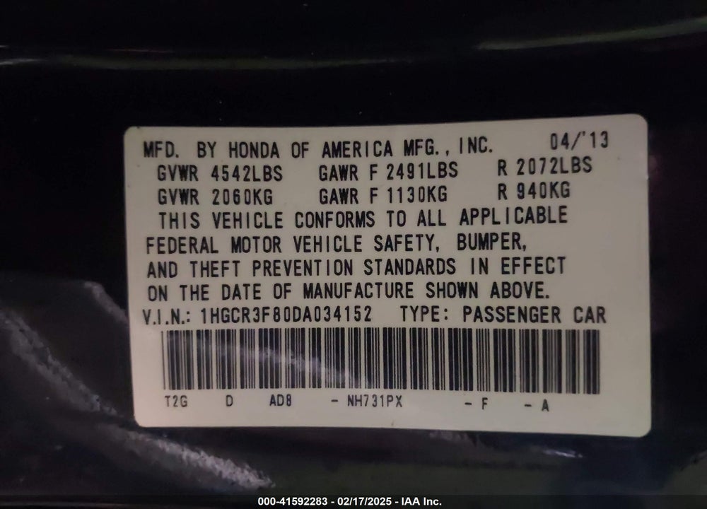 2013 HONDA ACCORD VIN: 1HGCR3F80DA034152