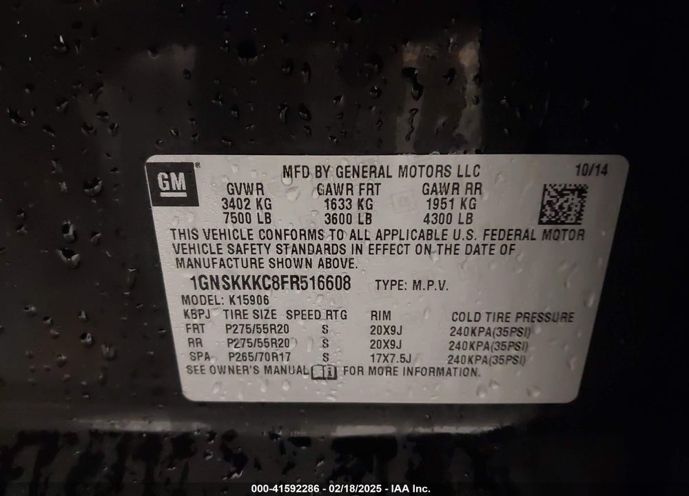 2015 CHEVROLET SUBURBAN 1500 LTZ VIN: 1GNSKKKC8FR516608
