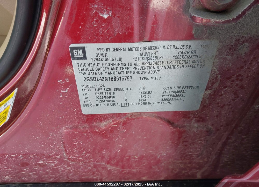 2008 SATURN VUE V6 XE VIN: 3GSDL43N18S615799