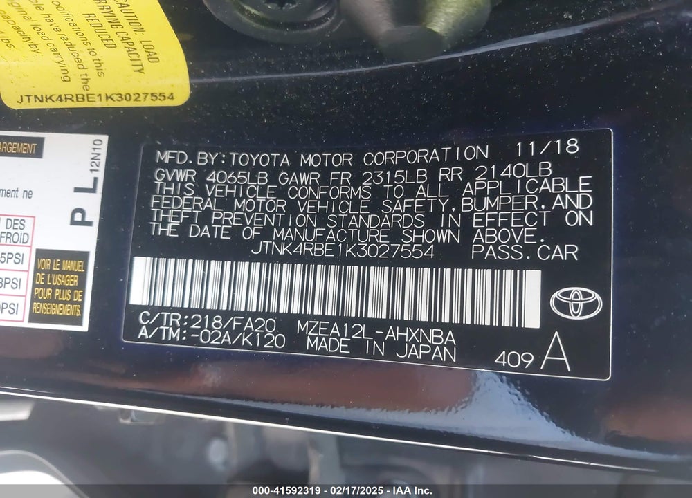 2019 TOYOTA COROLLA VIN: JTNK4RBE1K3027554