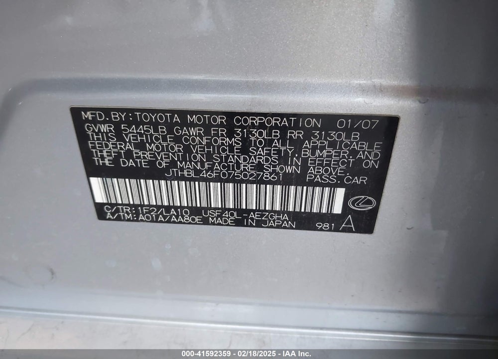 2007 LEXUS LS 460 VIN: JTHBL46F075027861