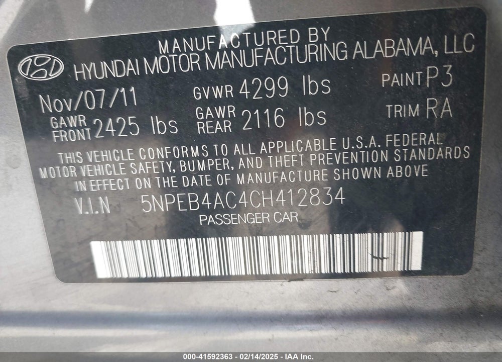 2012 HYUNDAI SONATA VIN: 5NPEB4AC4CH412834