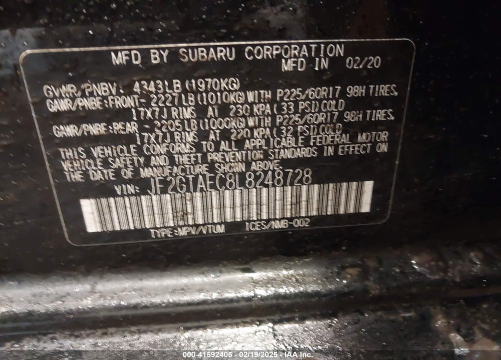 2020 SUBARU CROSSTREK PREMIUM VIN: JF2GTAEC8L8248728