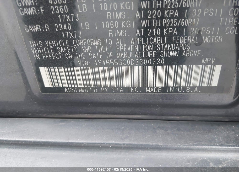 2013 SUBARU OUTBACK 2.5I PREMIUM VIN: 4S4BRBGC0D3300230