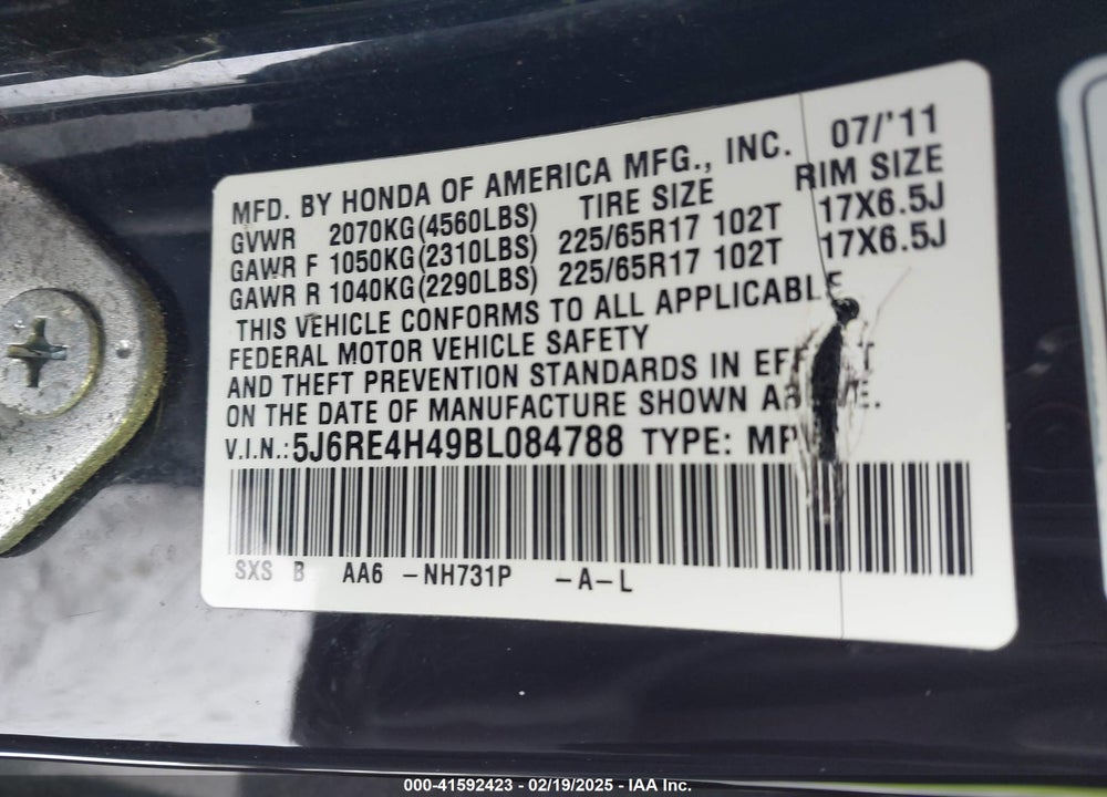 2011 HONDA CR-V SE VIN: 5J6RE4H49BL084788