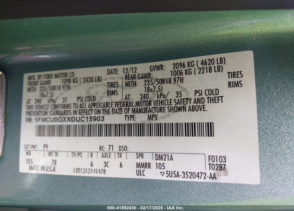 2013 FORD ESCAPE SE VIN: 1FMCU0GXXDUC15903