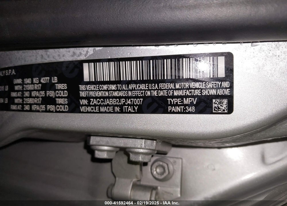 2018 JEEP RENEGADE LATITUDE FWD VIN: ZACCJABB2JPJ47007