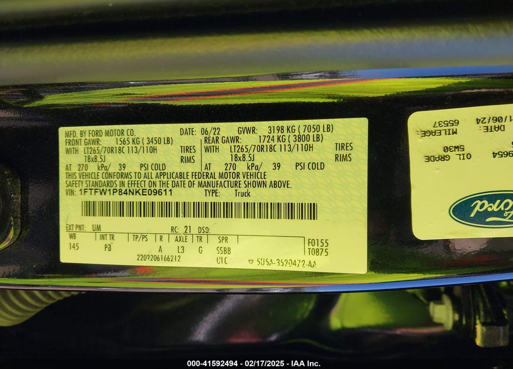 2022 FORD F150 VIN: 1FTFW1P84NKE09611