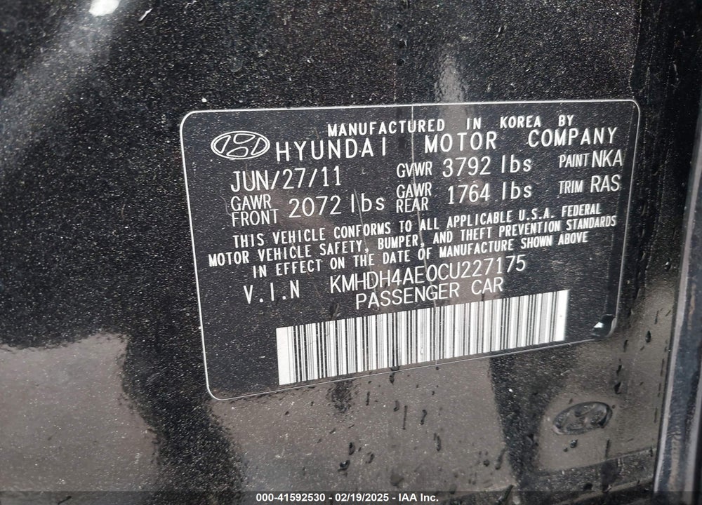 2012 HYUNDAI ELANTRA VIN: KMHDH4AE0CU227175