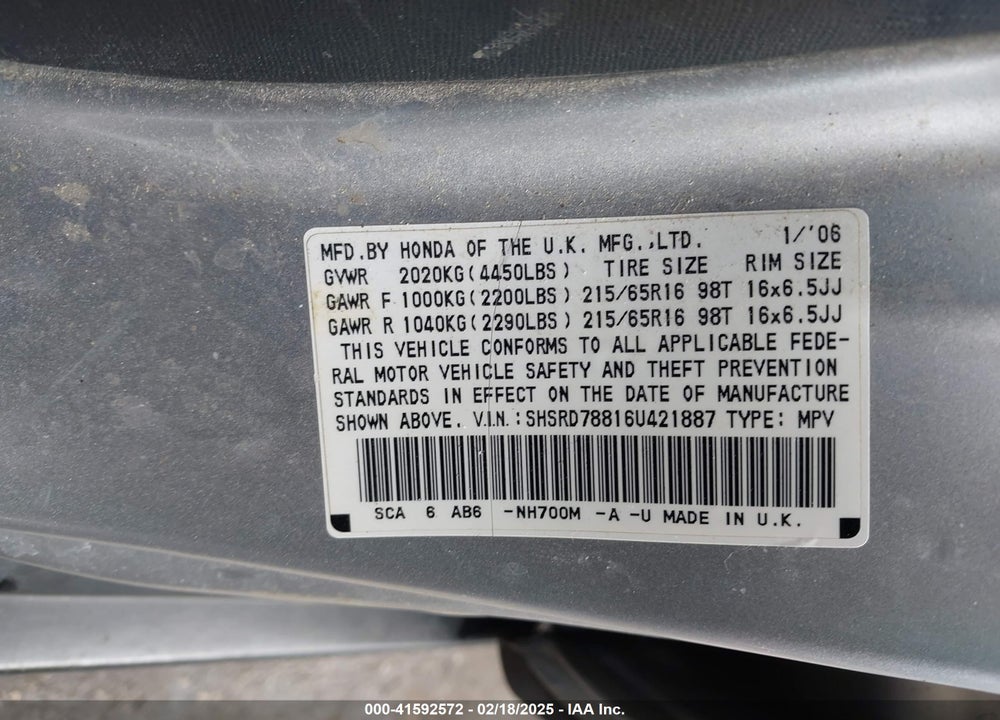 2006 HONDA CR-V EX VIN: SHSRD78816U421887