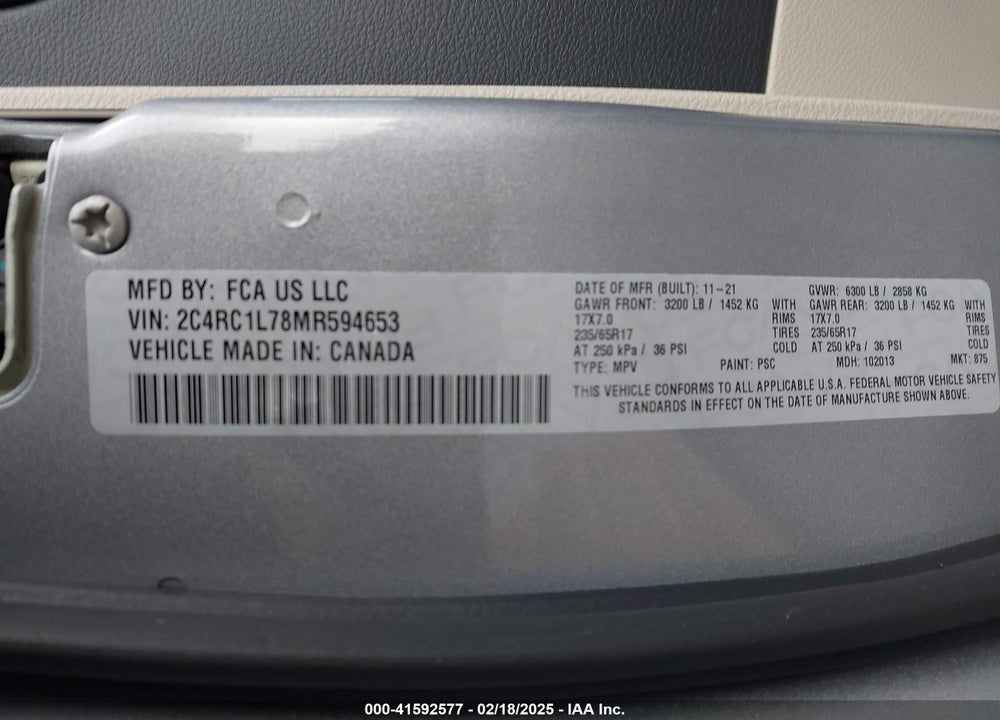 2021 CHRYSLER PACIFICA HYBRID TOURING L VIN: 2C4RC1L78MR594653