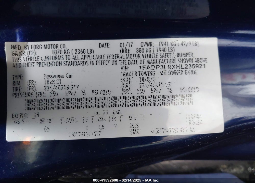2017 FORD FOCUS VIN: 1FADP3L9XHL235921