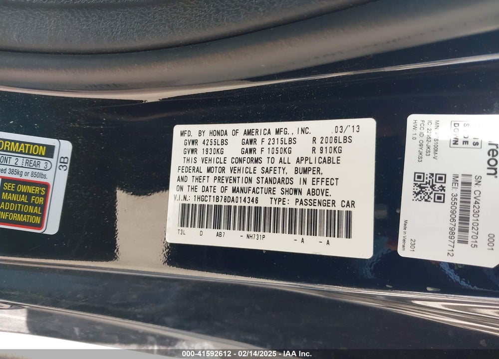 2013 HONDA ACCORD VIN: 1HGCT1B78DA014346