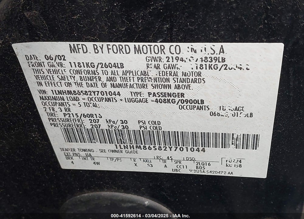 2002 LINCOLN LS VIN: 1LNHM86S82Y701044