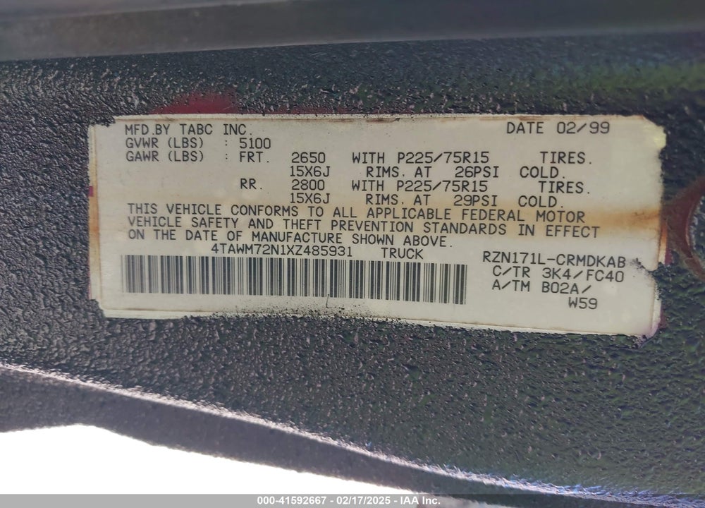 1999 TOYOTA TACOMA VIN: 4TAWM72N1XZ485931
