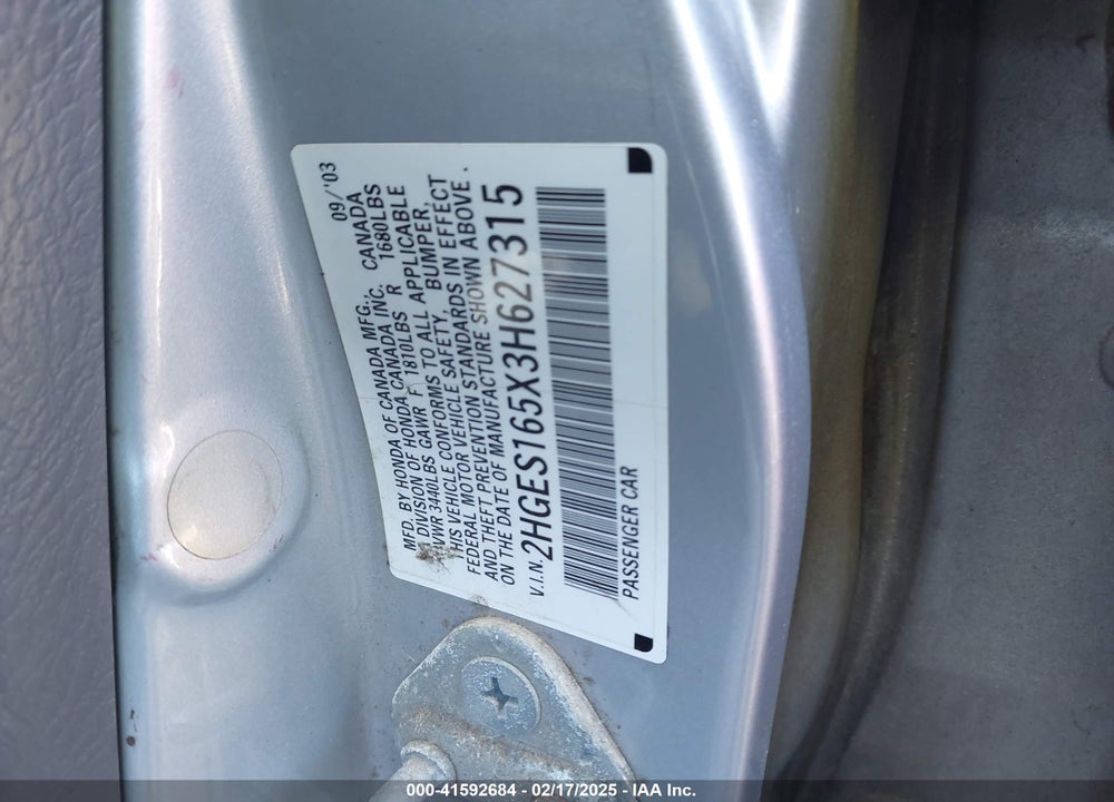 2003 HONDA CIVIC VIN: 2HGES165X3H627315