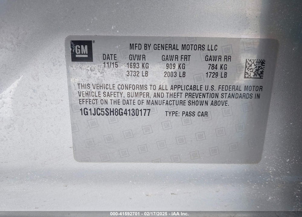 2016 CHEVROLET SONIC VIN: 1G1JC5SH8G4130177