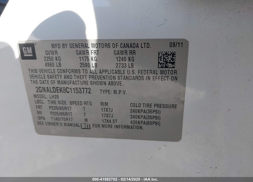 2012 CHEVROLET EQUINOX 1LT VIN: 2GNALDEK8C1153772