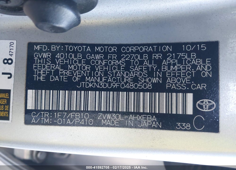 2015 TOYOTA PRIUS VIN: JTDKN3DU9F0480508