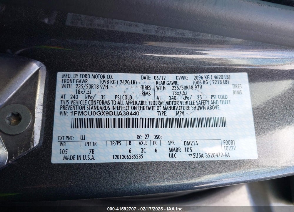 2013 FORD ESCAPE VIN: 1FMCU0GX9DUA38440