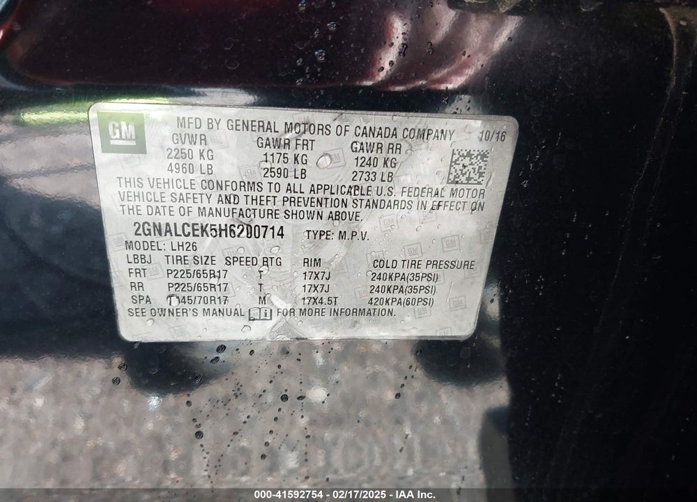 2017 CHEVROLET EQUINOX VIN: 2GNALCEK5H6200714