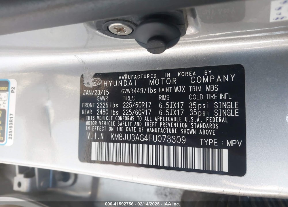 2015 HYUNDAI TUCSON SE VIN: KM8JU3AG4FU073309