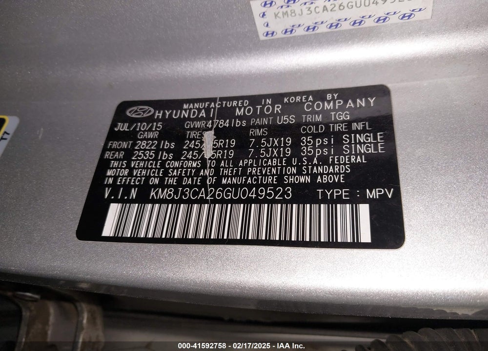 2016 HYUNDAI TUCSON VIN: KM8J3CA26GU049523