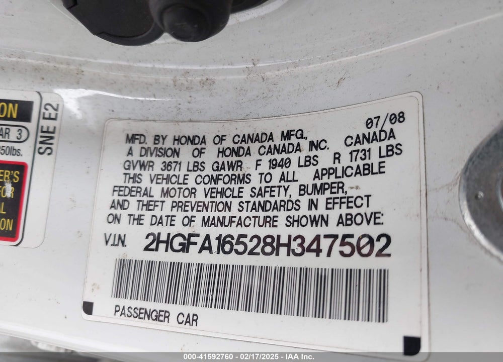 2008 HONDA CIVIC LX VIN: 2HGFA16528H347502