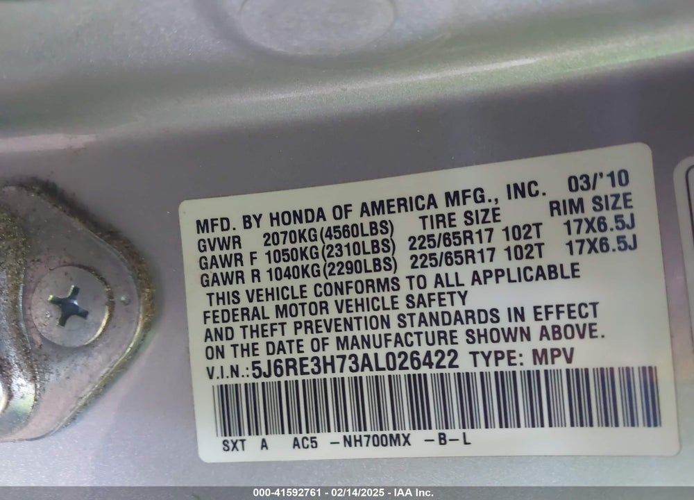 2010 HONDA CR-V EX-L VIN: 5J6RE3H73AL026422