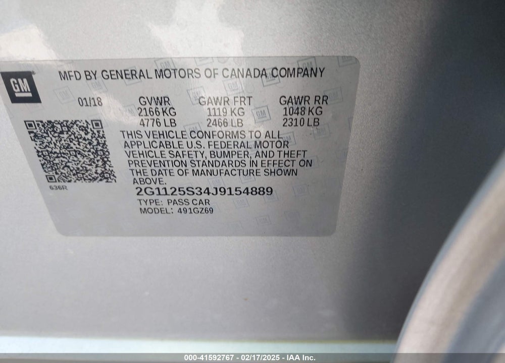 2018 CHEVROLET IMPALA VIN: 2G1125S34J9154889