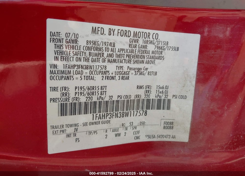 2011 FORD FOCUS SE VIN: 1FAHP3FN3BW117578