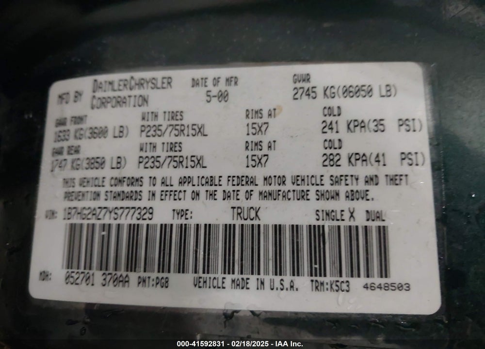 2000 DODGE DAKOTA SLT/SPORT VIN: 1B7HG2AZ7YS777329
