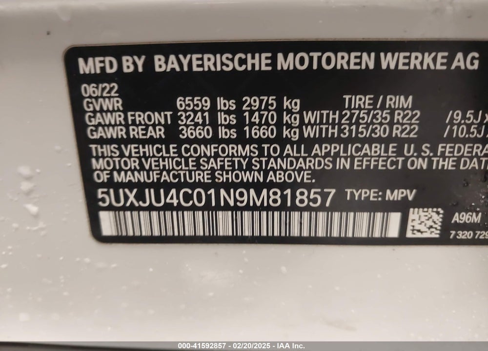 2022 BMW X5 M50I VIN: 5UXJU4C01N9M81857