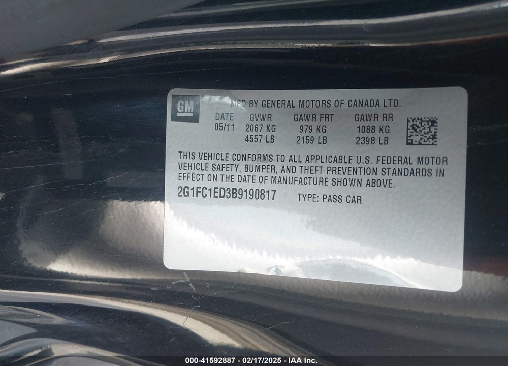 2011 CHEVROLET CAMARO 2LT VIN: 2G1FC1ED3B9190817