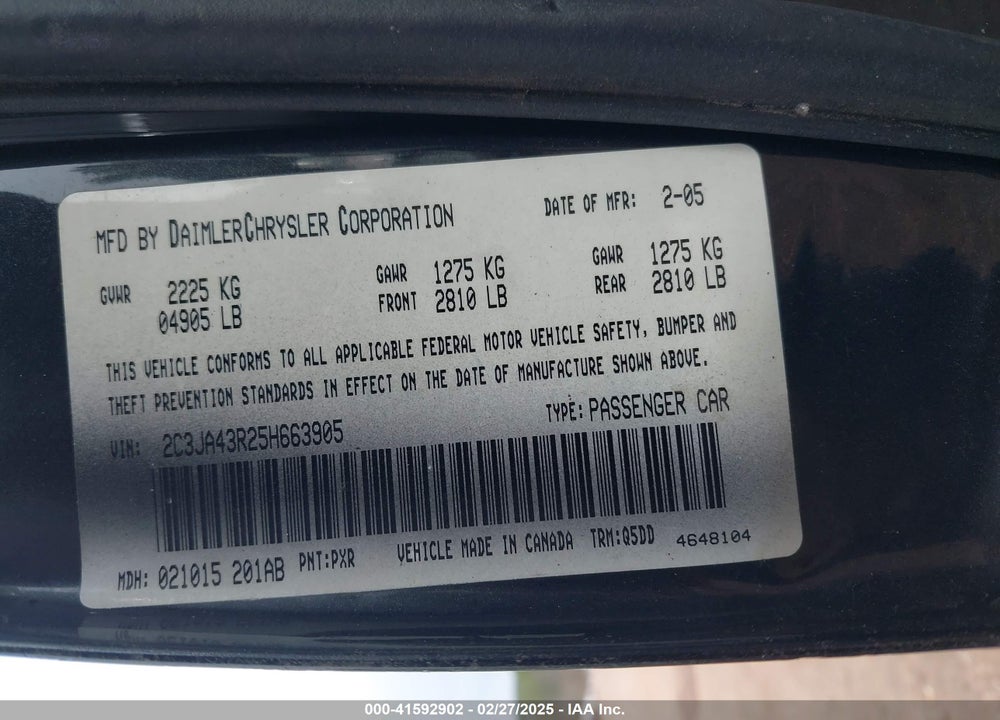 2005 CHRYSLER 300 VIN: 2C3JA43R25H663905