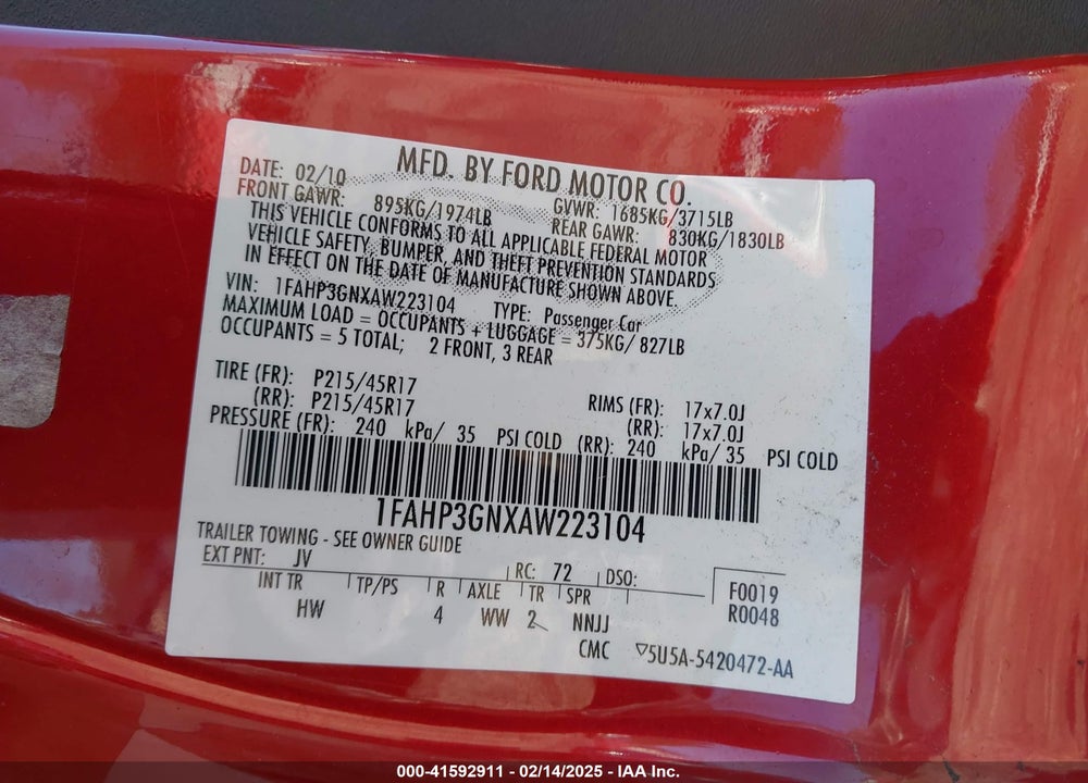 2010 FORD FOCUS VIN: 1FAHP3GNXAW223104