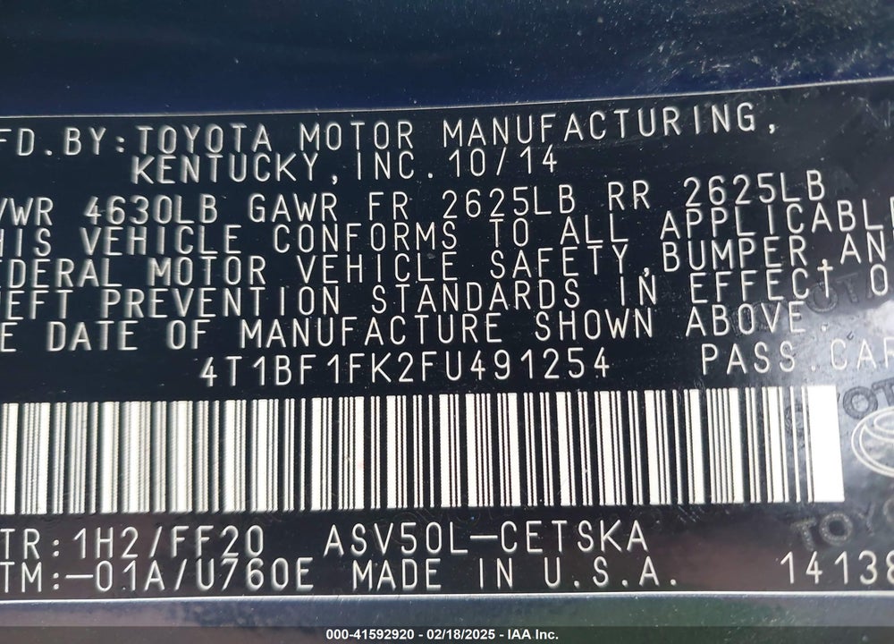2015 TOYOTA CAMRY VIN: 4T1BF1FK2FU491254