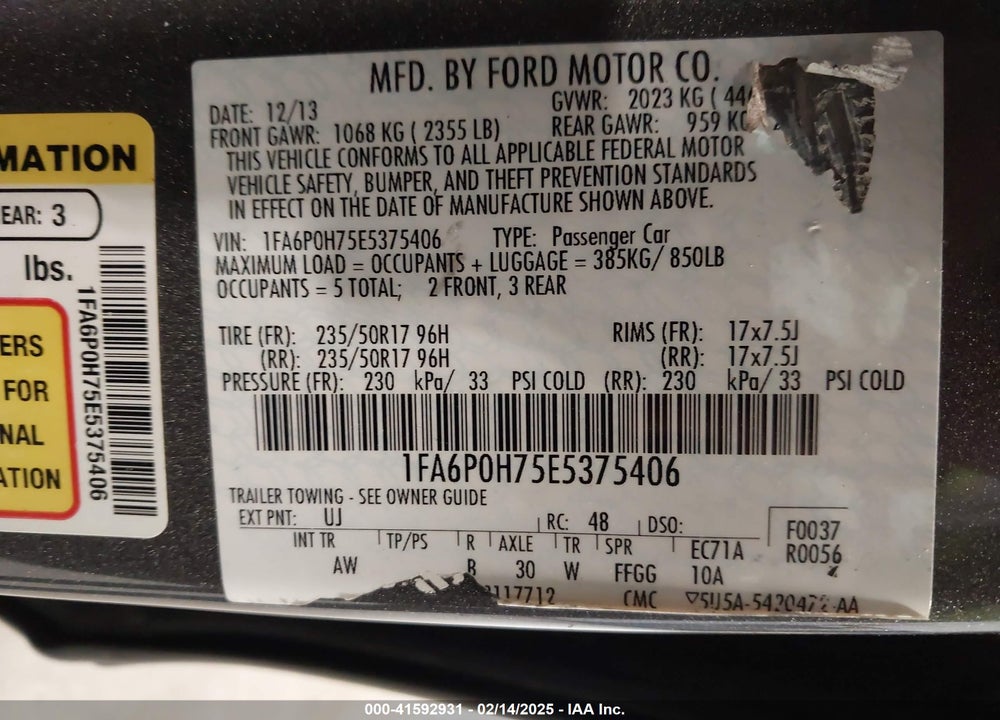2014 FORD FUSION VIN: 1FA6P0H75E5375406