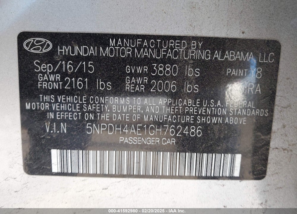 2016 HYUNDAI ELANTRA VIN: 5NPDH4AE1GH762486