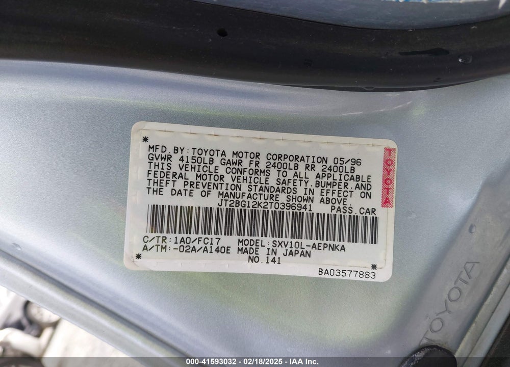 1996 TOYOTA CAMRY VIN: JT2BG12K2T0396941