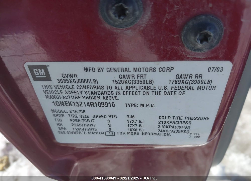 2004 CHEVROLET TAHOE Z71 VIN: 1GNEK13Z14R109916
