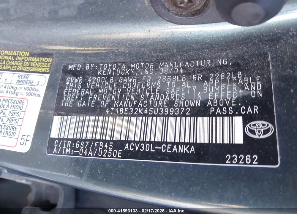 2005 TOYOTA CAMRY VIN: 4T1BE32K45U399372