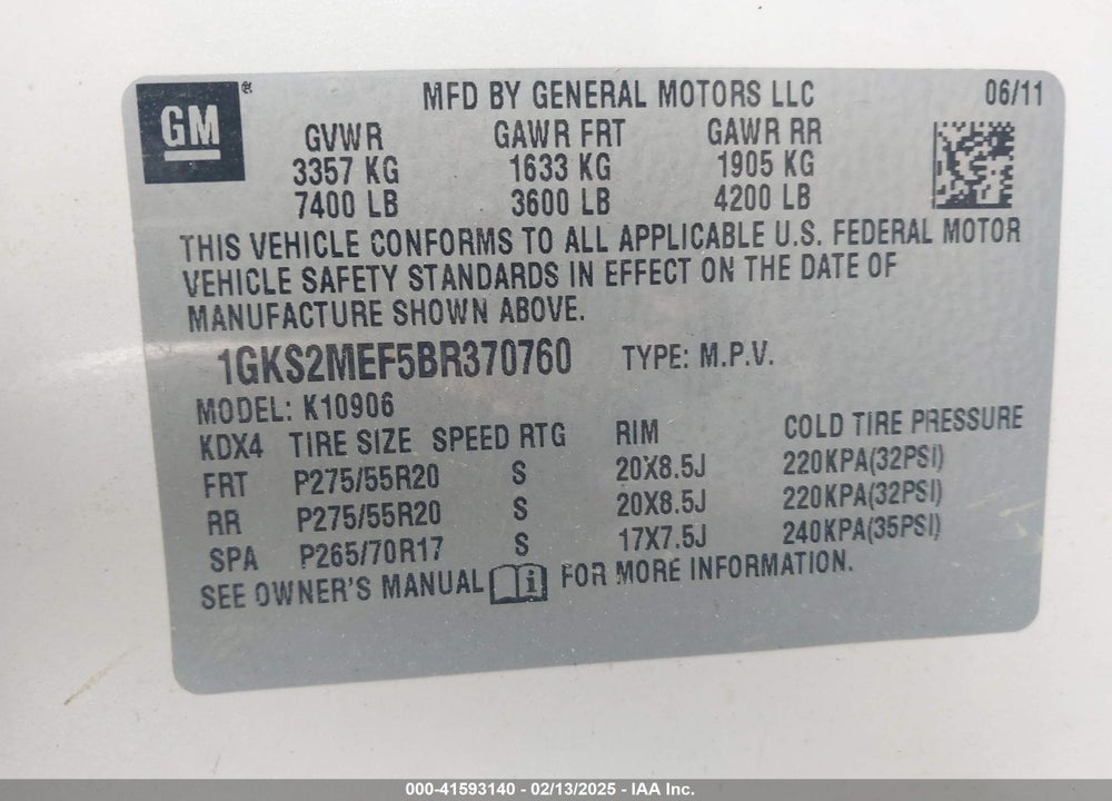 2011 GMC YUKON XL 1500 DENALI VIN: 1GKS2MEF5BR370760